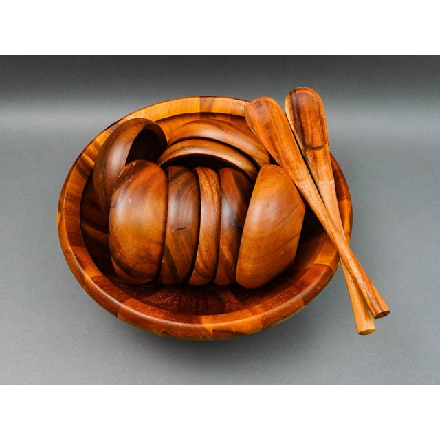 Dansk JHQ Teak Wood 16 1/4" Large Bowl With Servers & (8) 6 1/2" Small Bowls Set. Measures approximately Serving Bowl: 16...