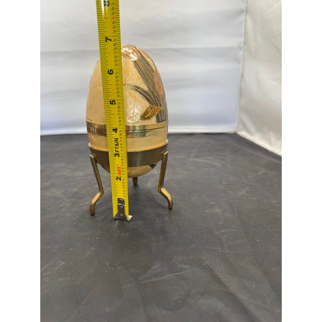 Paint Vintage Gold Beige Cloisonne Enamel Brass Egg on Stand Lift Off Trinket Box 6" For Sale - Image 7 of 10