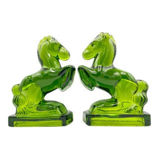 Mid Century Green Glass Horse Bookends - a Pair For Sale