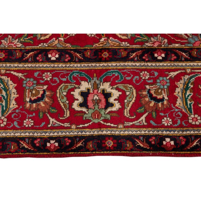 1960s Vintage Persian Tabriz Handmade Wool Red Floral Rug For Sale - Image 5 of 10