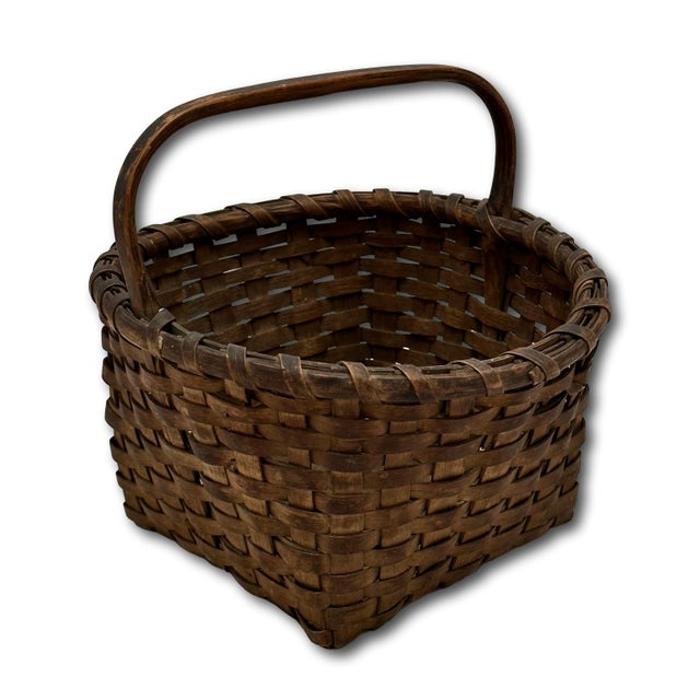 Excellent Small Size Antique New England American Hand Woven Ash Wood Splint Berry Gathering Basket For Sale - Image 10 of 18