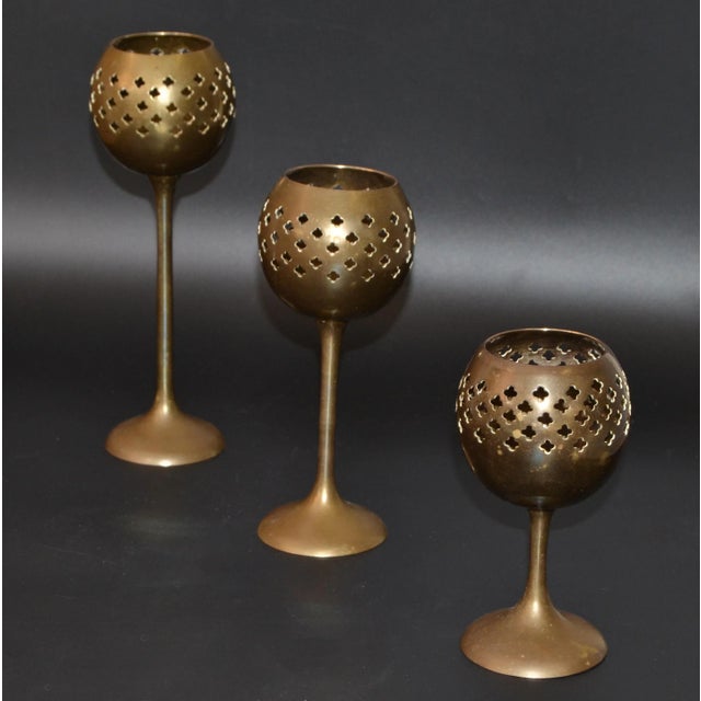 Asian Style 1970s Mid-Century Modern Solid Brass Nesting Candle Holders- Set of 3 For Sale - Image 4 of 12