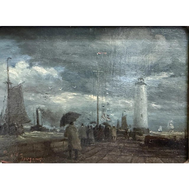 Meyer Wiegand Rolf Dieter, North Sea Harbor Pier with Lighthouse in the Rain, 1970, Oil on Canvas For Sale - Image 13 of 13