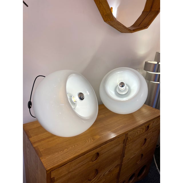 Mid-Century Modern space age pair of table or bedside or floor lamp model Vacuna in blown white smoke Murano glass by the...