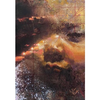Arrival by Lisa Fricker | Oil on collage on board abstract landscape with light effects For Sale