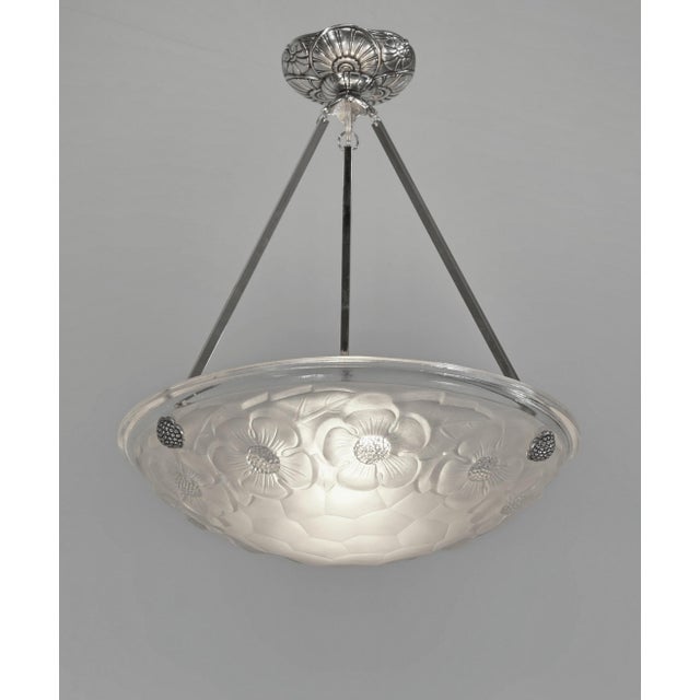 Jamain & Degué A signed French 1925-1935 art deco hanging fixture in nickel plated bronze or solid brass. The pendant was...