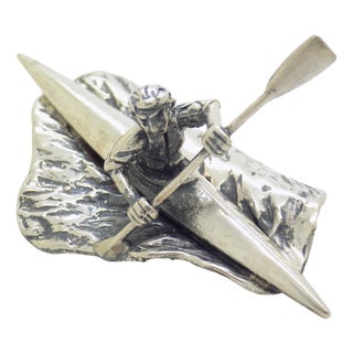 Vintage Italian Handmade Sterling Silver 925 Canoe Rower Figurine, 1970s For Sale