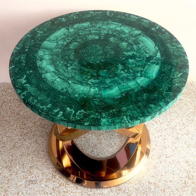 Stunning Tessellated Malachite Round Dining Table With Brass Base, Made in Italy For Sale - Image 4 of 15