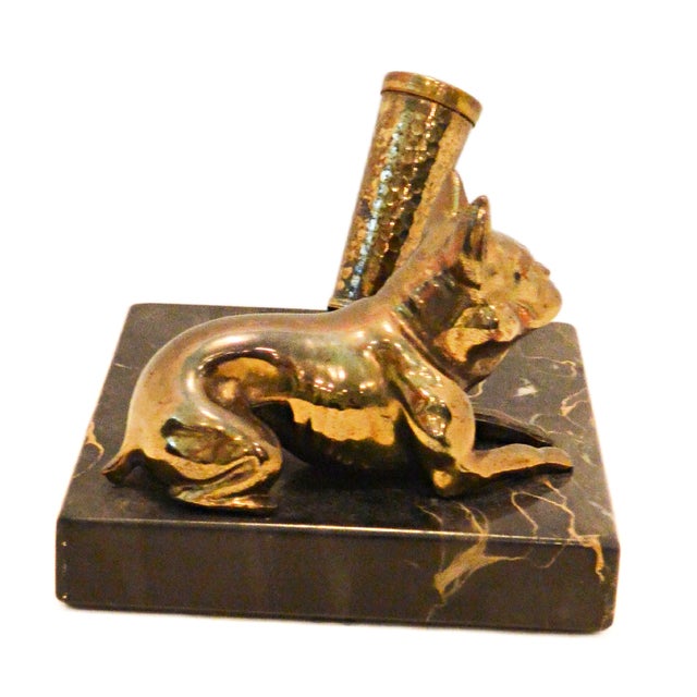 Vintage Solid Brass French Bulldog Pen Stand on Italian Portoro Gold Marble Base For Sale - Image 4 of 8