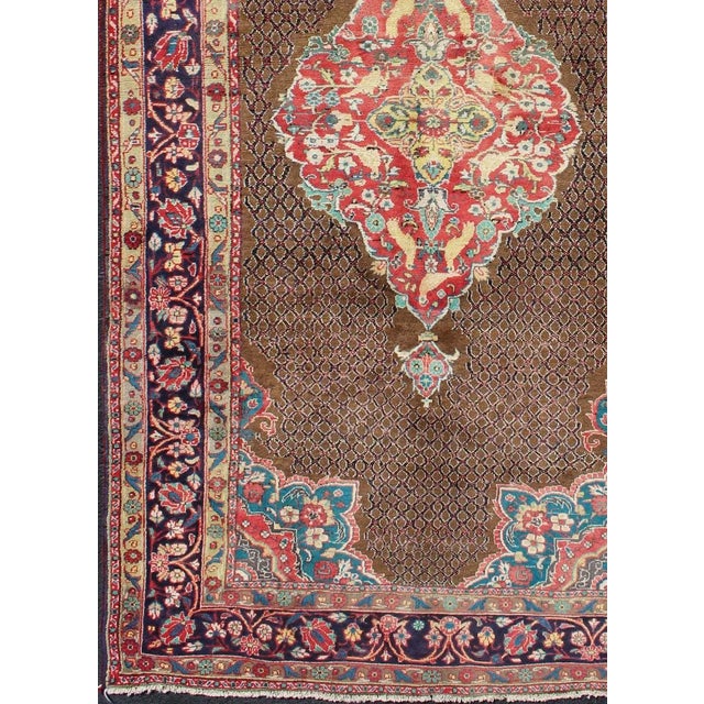 Persian Camel Hair Vintage Persian Serab Rug in Brown, Red, Turquoise and Dark Blue For Sale - Image 3 of 13