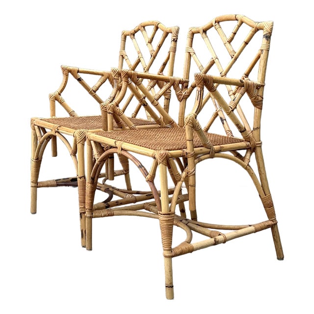 Vintage Chinese Chippendale Rattan Dining Chairs For Sale