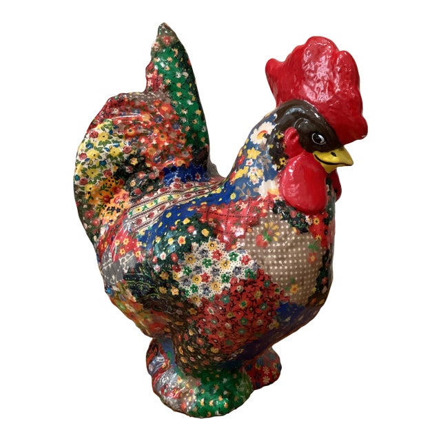 Mid Century Large Colorful Decoupage Roster Folk Art For Sale