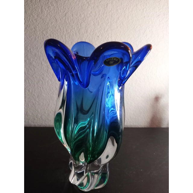 Glass 1980s Bohemia Czech Sommerso Green/Blue Art Glass Vase. For Sale - Image 7 of 7