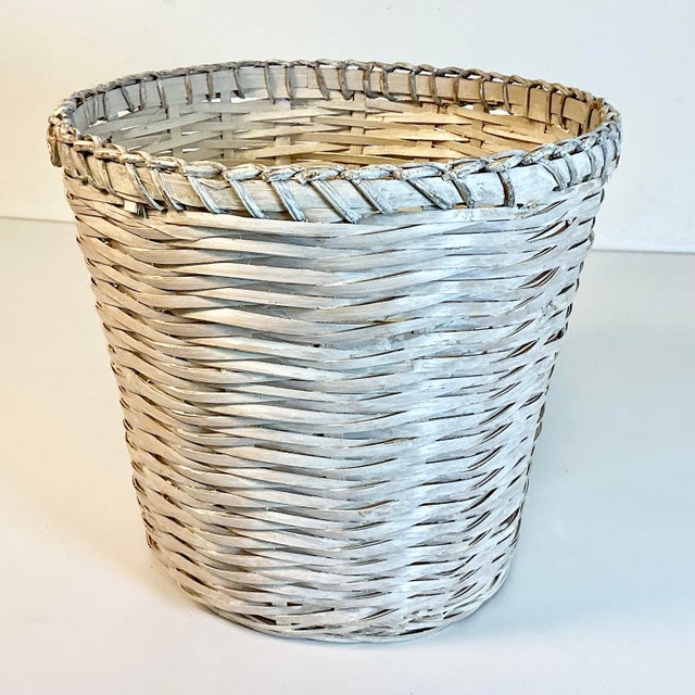Wood Mid-Century Boho Chic Coastal White Washed Wicker Wastebasket. For Sale - Image 7 of 9