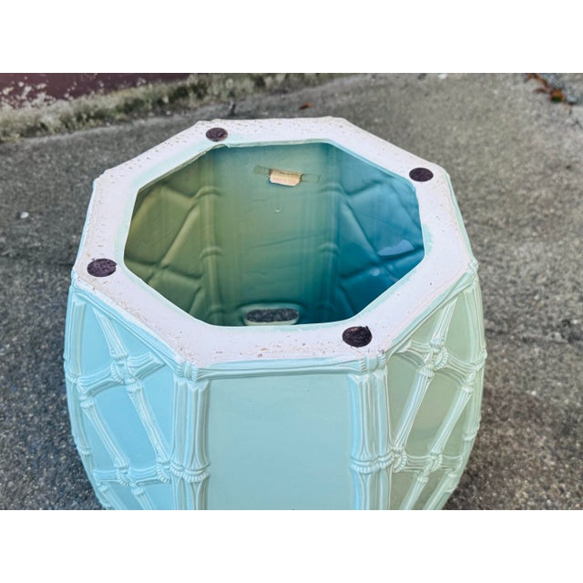 1960s Vintage 1960s Italian Celadon Green Palm Beach Style Ceramic Faux Bamboo Garden Stool For Sale - Image 5 of 6