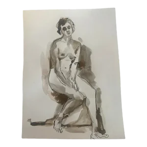 Circa 1980s Figurative Nude Watercolor and Ink Study Painting