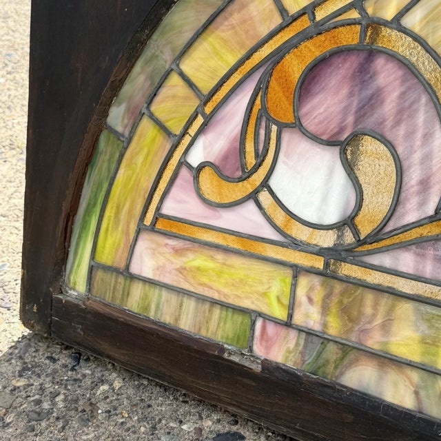 Antique Art Nouveau Colored Stained Glass Fruit 27 X 75 Arched Transom Window, A For Sale - Image 11 of 18