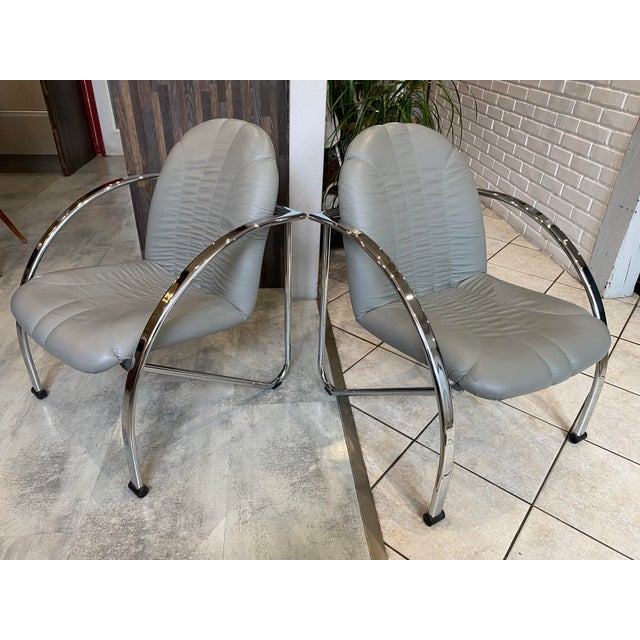 1980s Souvignet Folding Armchairs in Grey Chrome Leather, 1980, Set of 2 For Sale - Image 5 of 18