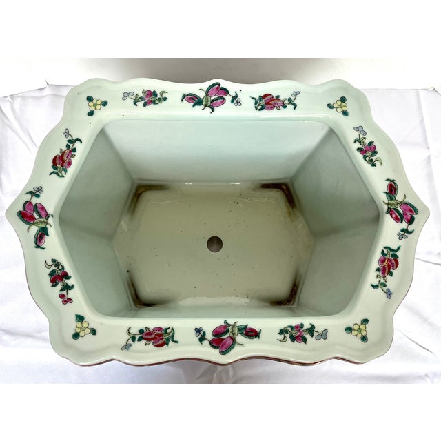 Ceramic Vintage Chinese Rose Famile Hexagonal Footed Jardiniere For Sale - Image 7 of 18