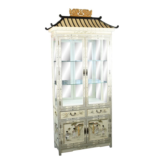 1970s Chinoiserie Pagoda White Cabinet For Sale
