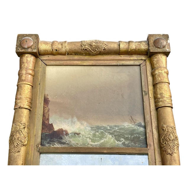 American Antique Sheraton Giltwood Mirror With Lyre Frame & Coastal Seascape Oil Painting For Sale - Image 3 of 10