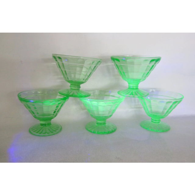 Vaseline Uranium Green Glass Set of 5 Dessert Ice Cream Cups For Sale - Image 12 of 12