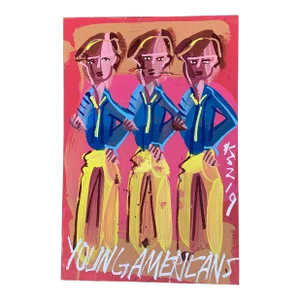 1990s Abstract Figurative Folk Art Style Painting on Board "Young Americans"