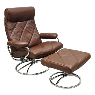 Vintage Ekornes Stressless Brown Leather Reclining Swivel Lounge Chair & Ottoman For Sale