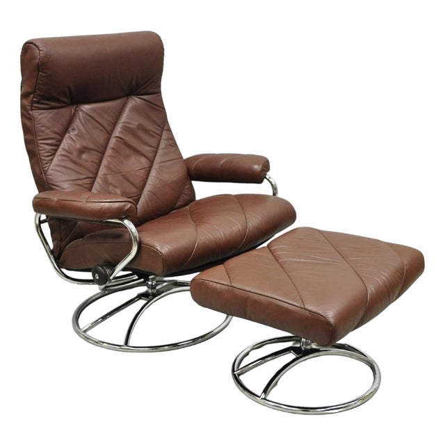 Vintage Ekornes Stressless Brown Leather Reclining Swivel Lounge Chair & Ottoman For Sale