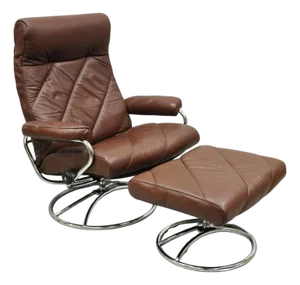 Vintage Ekornes Stressless Brown Leather Reclining Swivel Lounge Chair & Ottoman