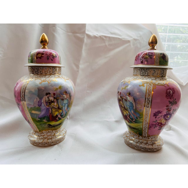 Ceramic Vintage German Kalk-Style Gilt Porcelain Covered Urns — Pair For Sale - Image 7 of 9