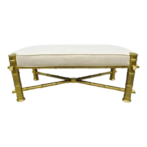 Mid 20th Century Vintage Hollywood Regency Gold Faux Bamboo Upholstered X-Frame Carved Wood Bench