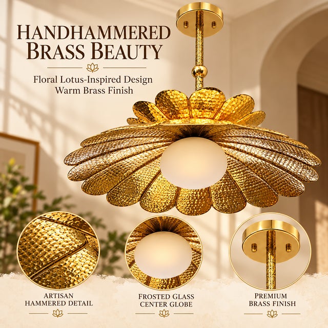 Brass Handmade Brass Flower Chandelier, Hammered Lotus Ceiling Light, Floral Pendant Fixture, Art Deco Lighting for Living Room and Bedroom For Sale - Image 8 of 13