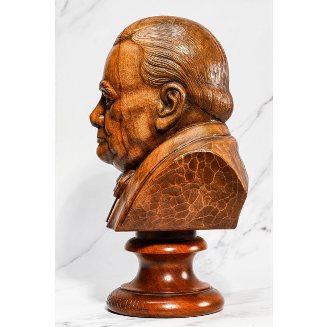 Nice Large Antique Winston Churchill Carved Wood Bust Statue Sculpture Home Decor For Sale - Image 12 of 15