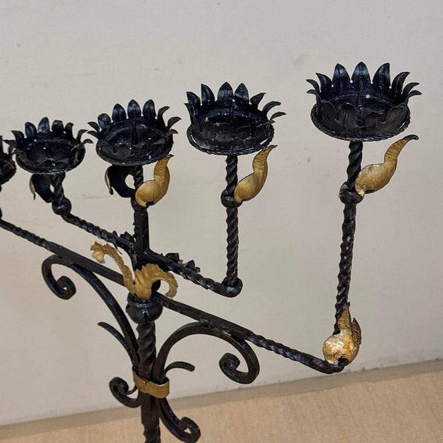 Spanish Revival Hand Forged Iron and Brass Torchère ~ Floor Candelabra For Sale - Image 15 of 18