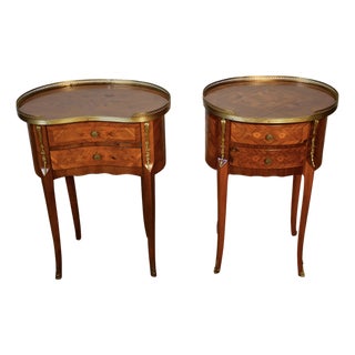 1930s French Style Satinwood Inlaid Pair of Nightstands / Bedside Tables, 2 Pieces For Sale