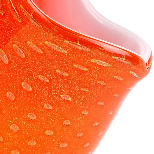 Mid 20th Century Vintage Barbini Murano Persimmon Orange Gold Flecks Italian Art Glass Mid Century Flower Basket Vase For Sale - Image 5 of 7