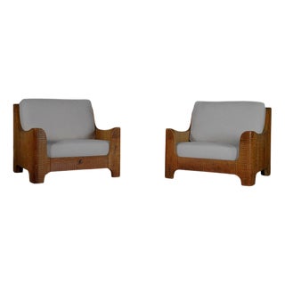 Vintage Belgian Oak Lounge Chairs with Linen Cushions, 1950s, Set of 2 For Sale