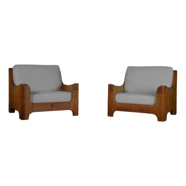 Vintage Belgian Oak Lounge Chairs with Linen Cushions, 1950s, Set of 2 For Sale