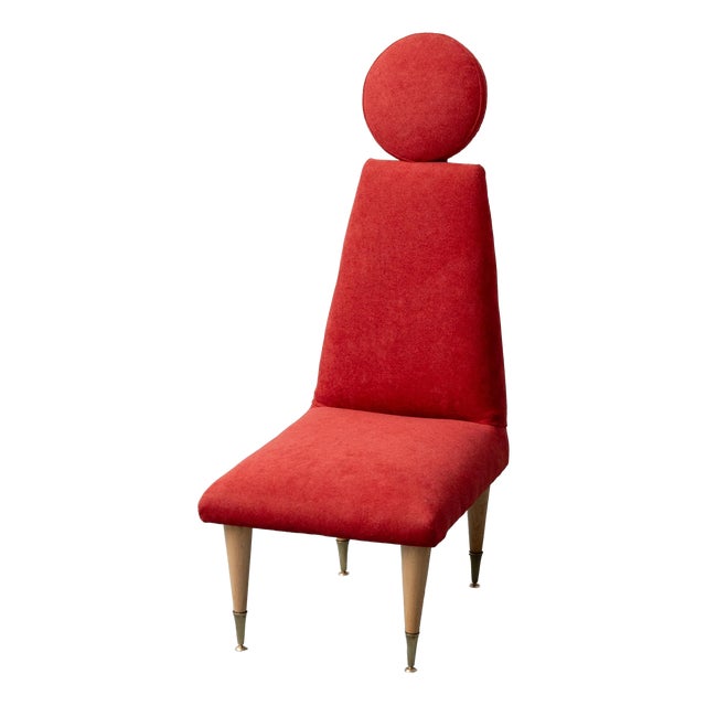 High-Back Chair in Red Fabric with Wooden and Brass Feet, 1960s For Sale