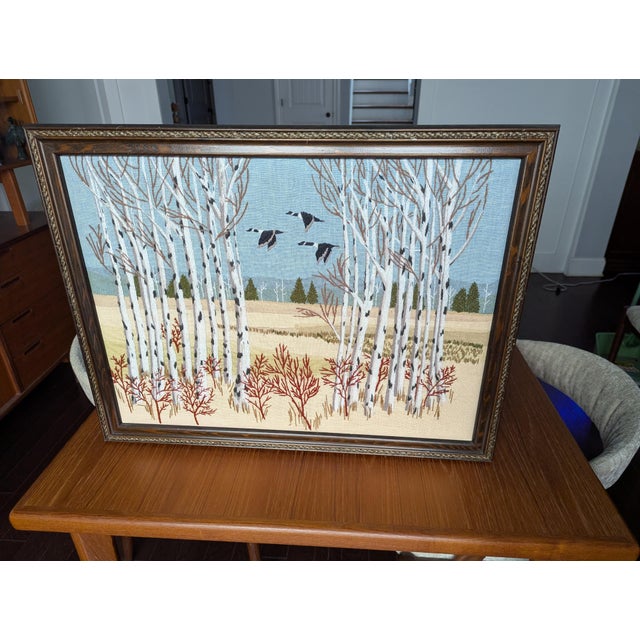 1970s Vintage Erica Wilson Crewel Embroidery Textile Art Framed "Birch Trees & Geese For Sale - Image 11 of 11