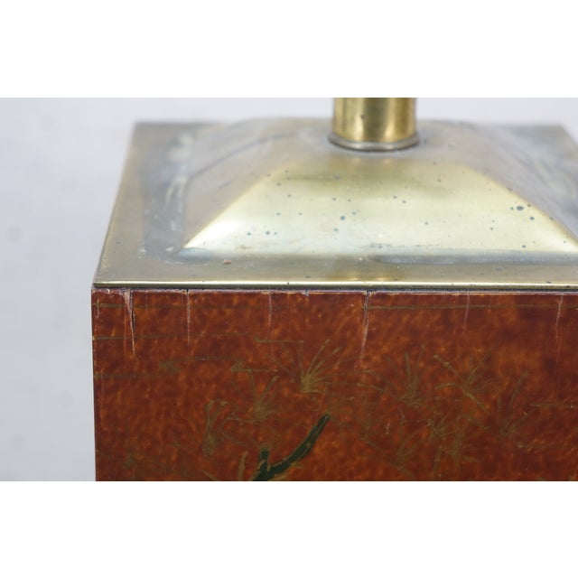 Late 20th Century Frederick Cooper Chinoiserie Tea Caddy Crane Canister Lamp Leather Shade 27" For Sale - Image 11 of 18