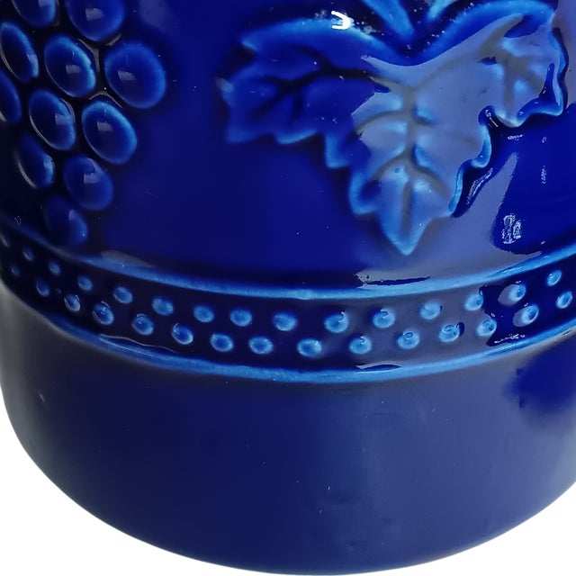 Blue Set of Three (3) Vintage Cobalt Blue Ceramic Canisters Raised Fruit Grape Design For Sale - Image 8 of 14
