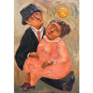 Mark Kanovich, Judaica Painting w Sculpture Terra Cotta Jewish Couple Israeli Artist Kanovich For Sale