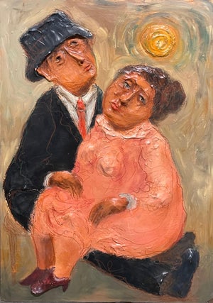 Mark Kanovich, Judaica Painting w Sculpture Terra Cotta Jewish Couple Israeli Artist Kanovich