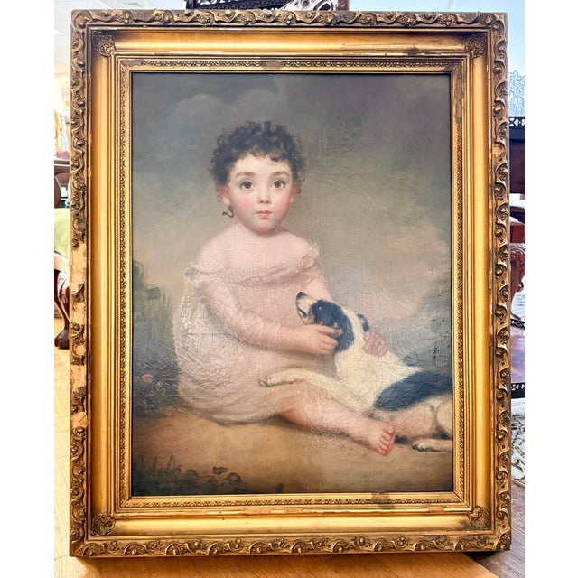 This large early 19th-century oil on canvas captures a quiet, tender moment depicting a young girl and her spaniel,...