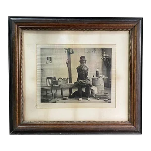 Antique Photograph Black & White on Silk Framed Tramp Mending Coat