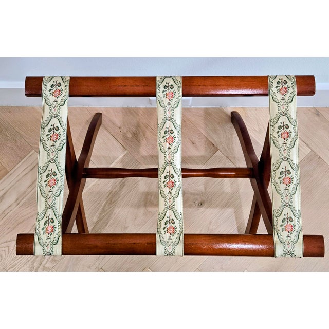 Vintage Scheibe Folding Wooden Luggage Rack With Floral Tapestry Straps For Sale - Image 4 of 8