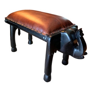 Vintage Leather and Carved Wood Elephant Ottoman Stool For Sale