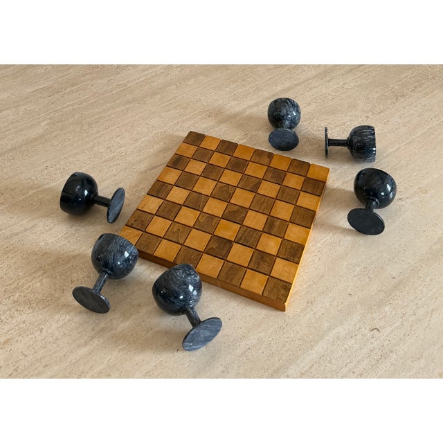 Wood Carved Marble Stemware (6 Goblets) Displayed on Handmade Chess/Checkerboard 1969 For Sale - Image 7 of 14